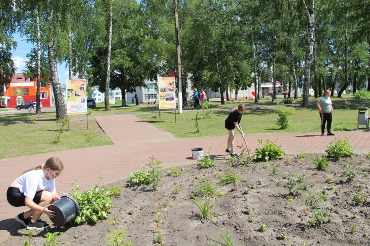 В брянском Брасове ребята из «Движения первых» облагораживают сквер Волонтеров